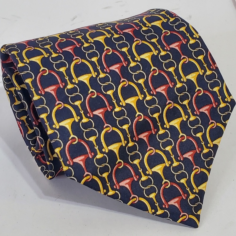 FENDI Mens Neck Tie horsebit stirrup pattern Black Gold Burgundy Silk Italy